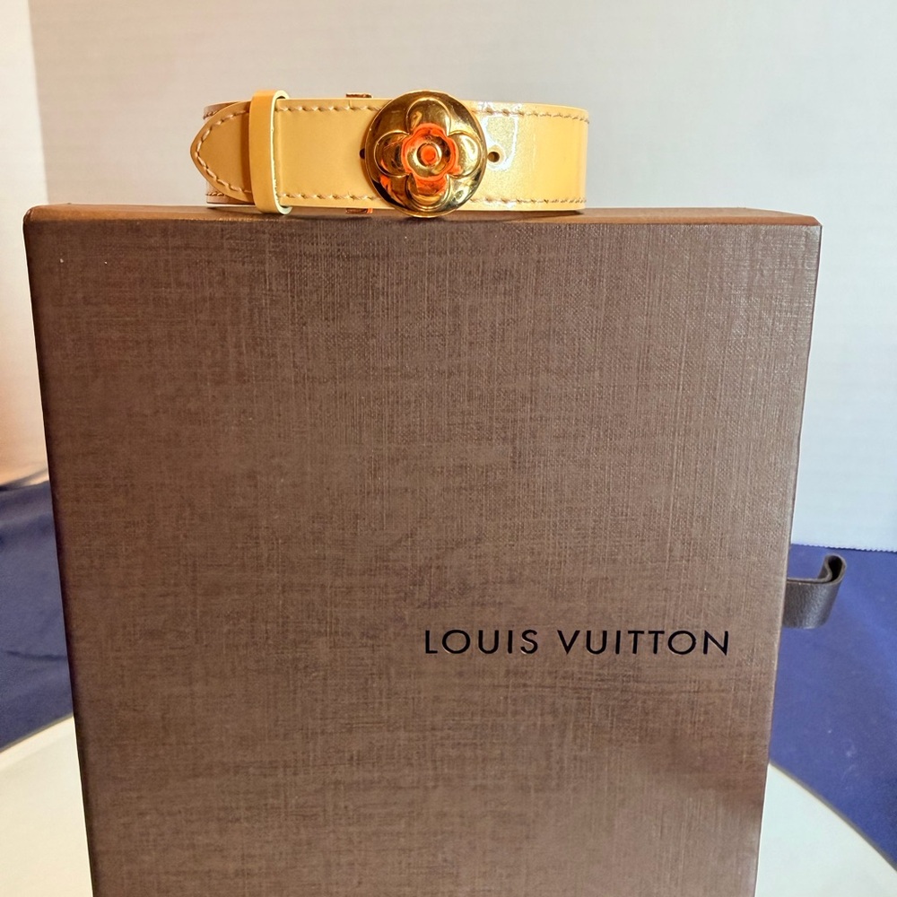 Louis Vuitton Beige Leather Monogram Bracelet with Gold Floral Accent